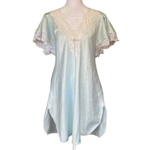 Vintage Satin Lace Blue Mini Nightgown Chemise Small Coquette Babydoll Femme 90s